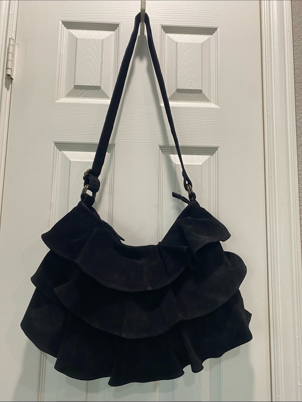 Free People Rae Ruffle Black Suede Adjustable Shoulder Bag